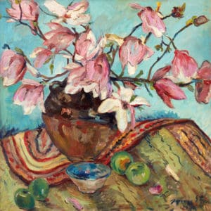 Irma Stern, Still life with magnolias, apples and bowl, 1949. Oil on canvas.