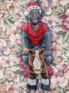 JP Mika (born in 1980, Democratic Republic of Congo) | Petit Père Noël | 2016 | Oil on printed drapery fabric Signed and dated at the bottom center | 80 × 60cm | 6 000 / 9 000 €