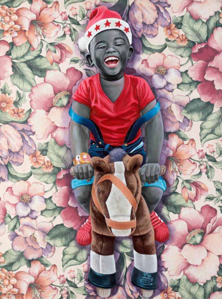 JP Mika (born in 1980, Democratic Republic of Congo) | Petit Père Noël | 2016 | Oil on printed drapery fabric Signed and dated at the bottom center | 80 × 60cm | 6 000 / 9 000 €