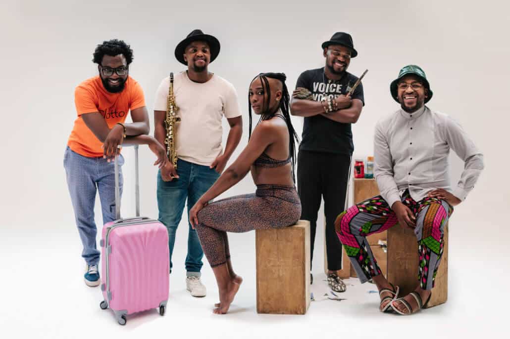 The 2020 Standard Bank Young Artists L-R Jefferson Tshabalala (Theatre), Sisonke Xonti (Jazz), Lulu Mlangeni (Dance), Blessing Ngobeni (Visual Art) and Nthatho Mokgata (Music)
