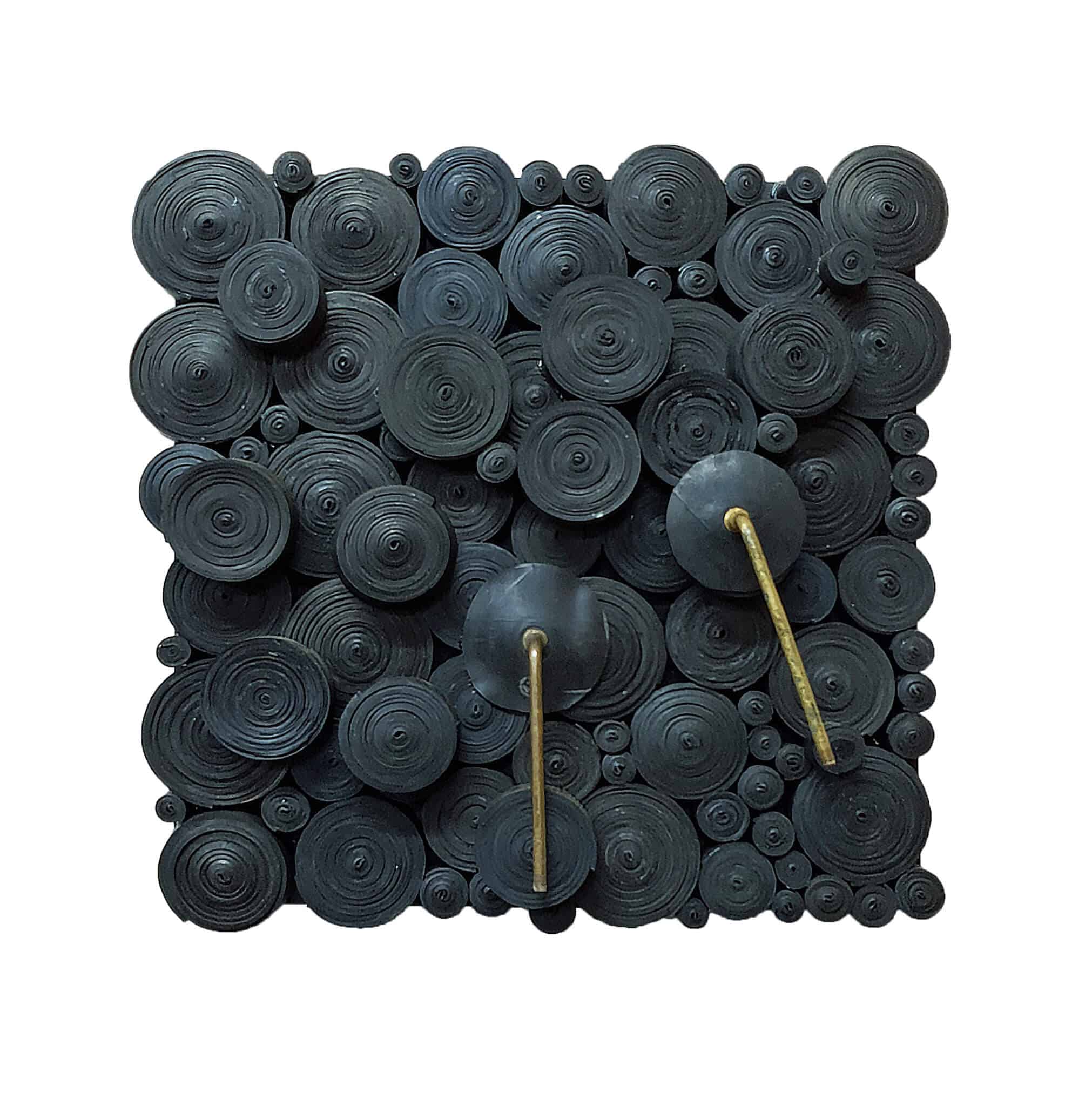 Patrick Bongoy, Fragments, 2019, Recycled rubber on wooden board, 45 x 45 cm. Courtesy This is Not a White Cube 