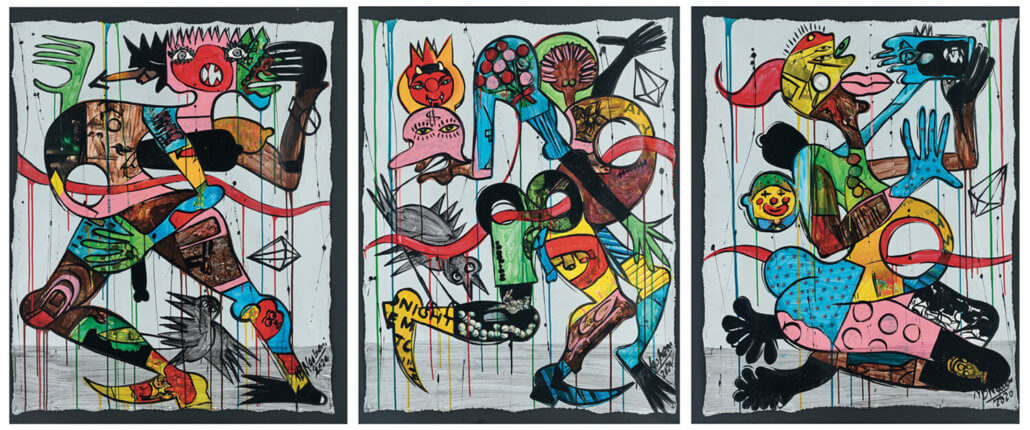 Blessing Ngobeni (South Africa 1985-), Dancing Messy I, II and III, triptych. Estimate: R250 000 – 250 000