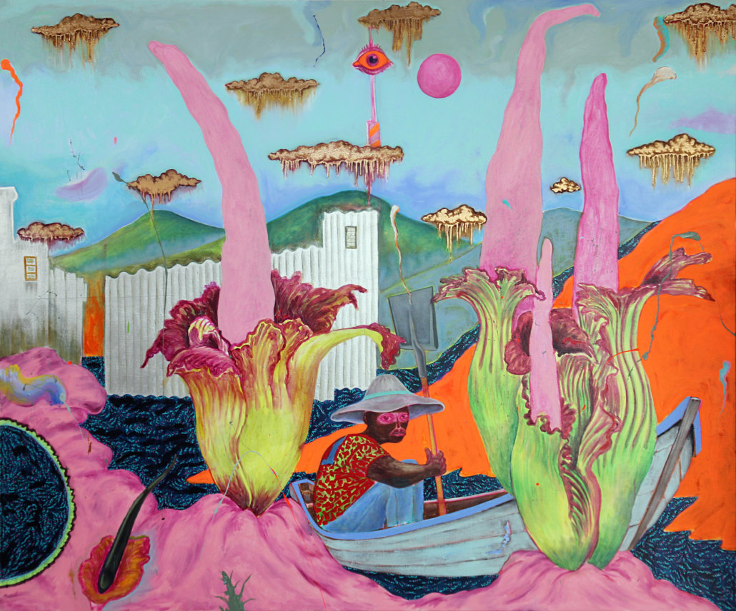Simphiwe Ndzube, The Bloom of the Corpse Flower, 2020. Mixed media, 95 x 79 inches. Denver Art Museum: Funds from the Contemporary Collectors' Circle with additional support from Vicki and Kent Logan, Catherine Dews Edwards and Phillip Edwards, Craig Ponzio, Ellen and Morris Susman, and Bryon Adinoff and Trish Holland, 2021. © Simphiwe Ndzube. Photographer: Marten Elder. Courtesy of the artist and Nicodim Gallery.