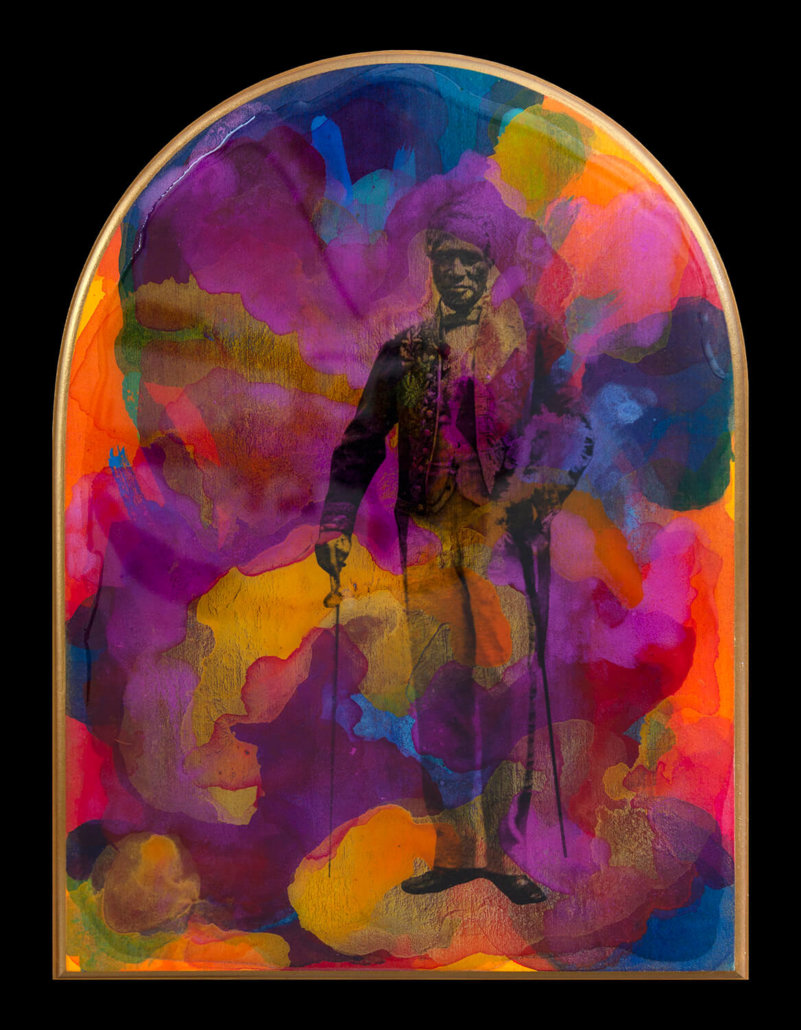 Shiraz Bayjoo, from En Cour (triptych), 2021. Acrylic and resin on wood.