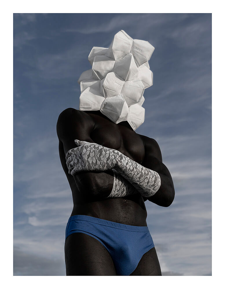 Tatenda Chidora, Mask Conversation II, 2021. Ilford Smooth Cotton Rag, 310gsm. 600mm x 800mm x 50mm. Courtesy of BKhz Gallery.