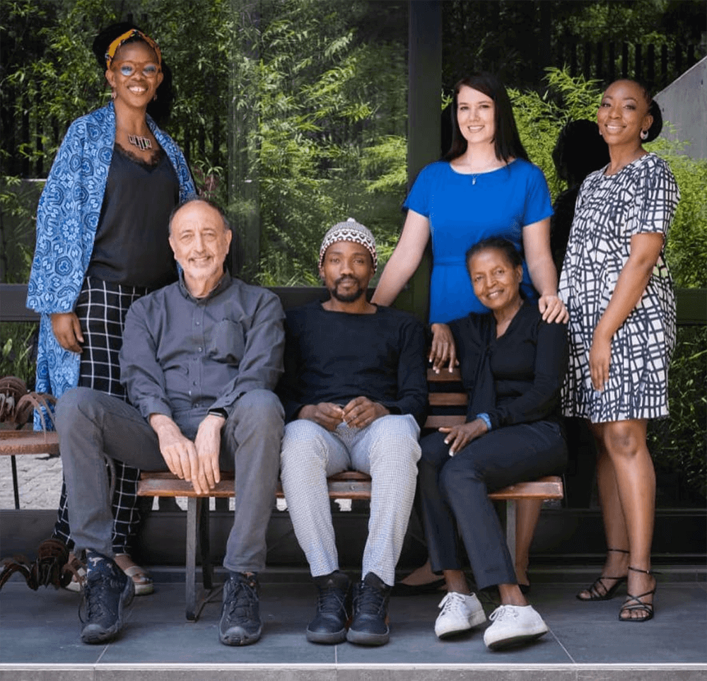 The South African Pavilions 59th Venice Biennale team. Standing (left to right): Thuli Mlambo-James, Amè Bell, Lebohang Kganye. Seated: Roger Ballen, Phumulani Ntuli, Grace Rapholo.