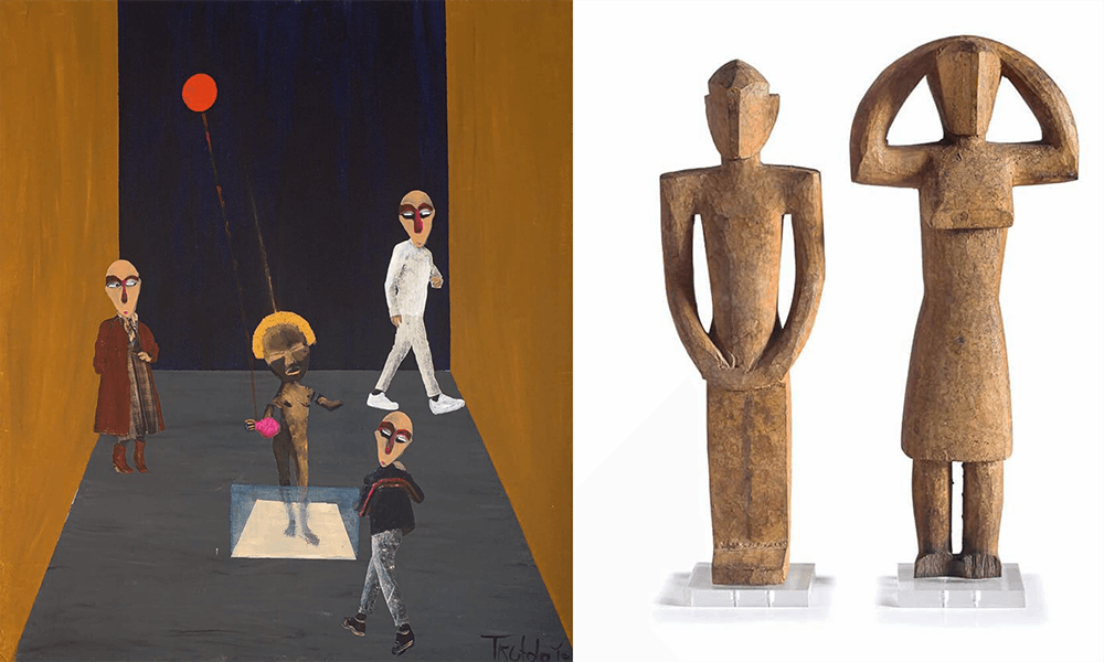 LEFT: Teresa Kutala Firmino, The God behind the Glass, Private Collection. RIGHT: Artist Unrecorded, A Pair of Chokwe Tuponya Figures, Zambia, Private Collection.