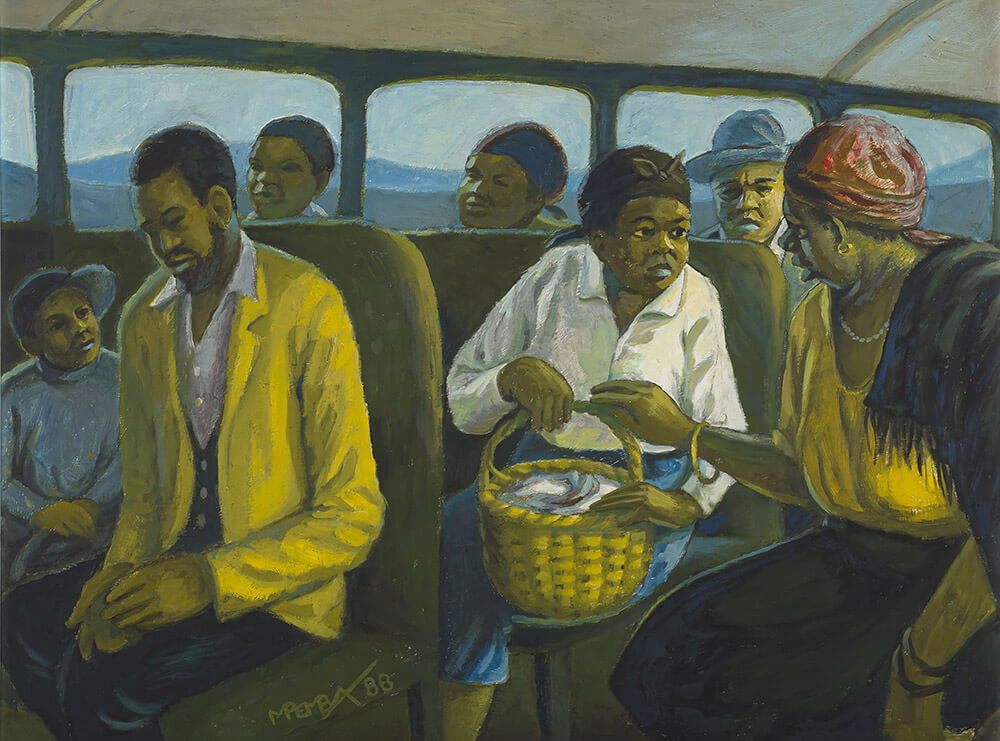 Lot 347: George Milwa Mnyaluza Pemba In the Bus oil on board 48 by 65,5cm R 300 000 - 500 000