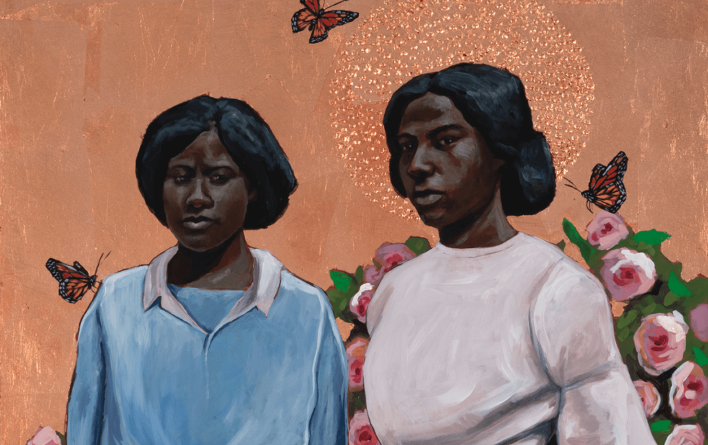 Stephen Towns, Two Roses (detail), 2021, Acrylic, oil, copper leaf on panel, 30 x 40 inches, Courtesy of the artist and De Buck Gallery