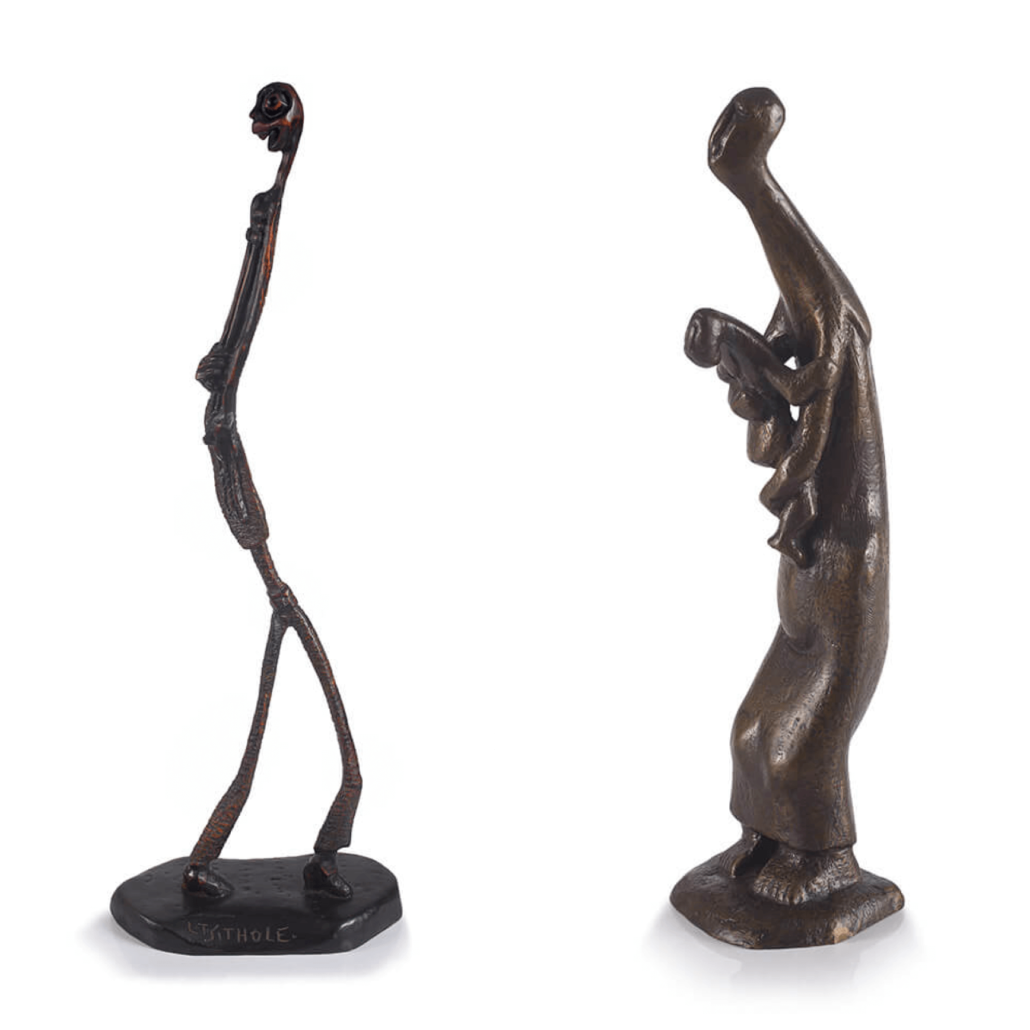 LEFT: Lot 341: Lucas Sithole, The Guitarist (LS8802). Ironwood, height including base: 136cm. R 150 000 - 200 000. RIGHT: Lot 339: Sydney Kumalo, Mother and Child. Bronze with a brown patina, height: 38cm. R 90 000 - 120 000.