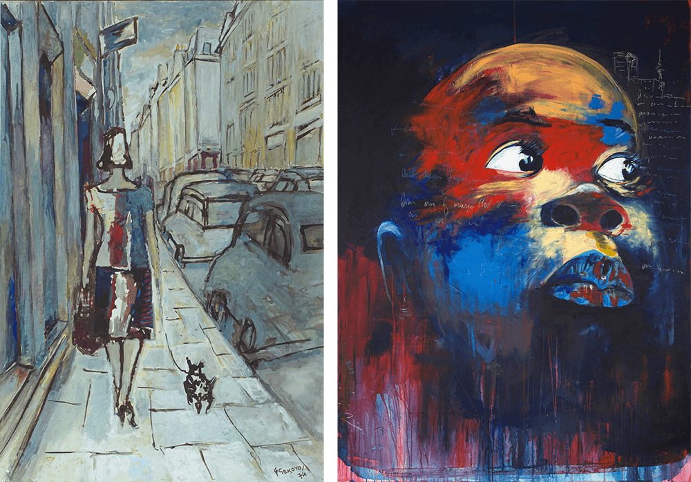 LEFT: Lot 334: Gerard Sekoto, Woman Walking with Dog. Gouache on paper, 63,5 x 35,5cm. R 150 000 - 200 000. RIGHT: Lot 378: Nelson Makamo, Head of a Child. Mixed media on canvas, 199 x 149cm. R 350 000 - 450 000