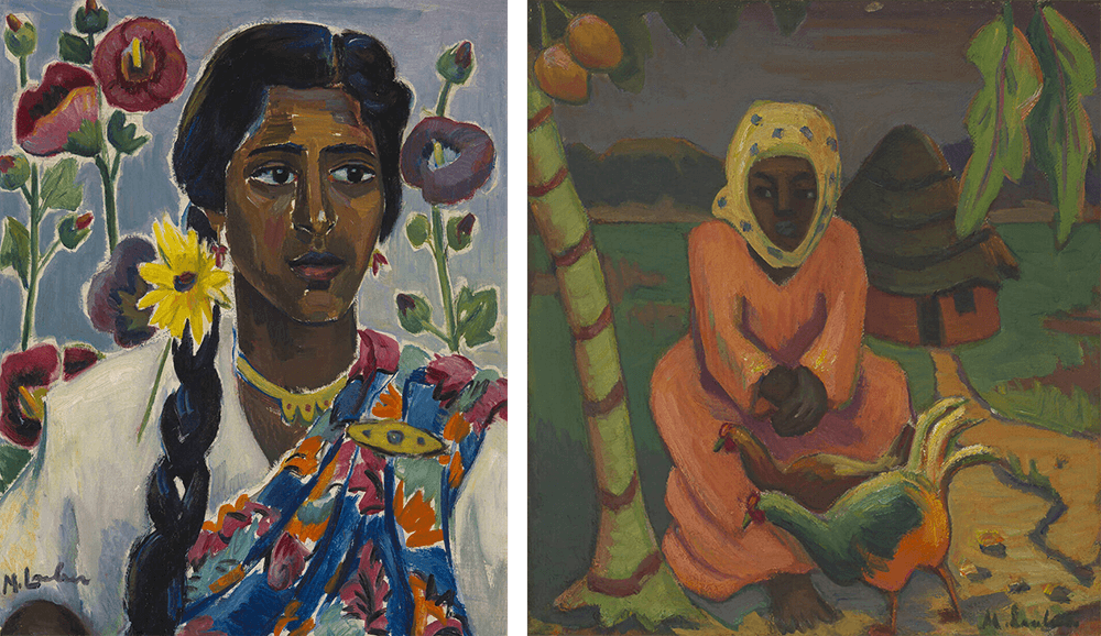 LEFT: Lot 335: Maggie Laubser, Portrait of a Woman wearing a Sari against a Floral Background. Oil on artist's board, 50 x 39,5cm. R 800 000 - 1 200 000. RIGHT: Lot 353: Maggie Laubser, Woman with Chickens beneath a Paw-Paw Tree. Oil on board, 49 x 44cm. R 600 000 - 800 000