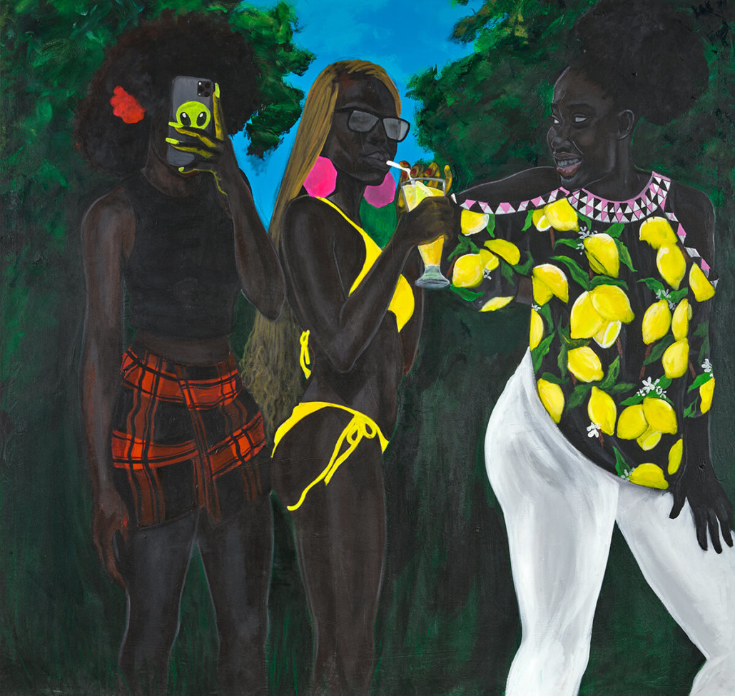John Madu, Judgment of Paris (we are the gifts), 2021. Acrylic on canvas, 173 x 182cm. Courtesy of the artist & Zidoun-Bossuyt Gallery.