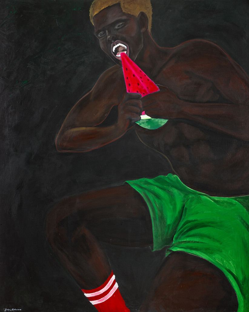 John Madu, Maleek: Of skin and stereotypes II, 2021. Acrylic on canvas, 180 x 144cm. Courtesy of the artist & Zidoun-Bossuyt Gallery.