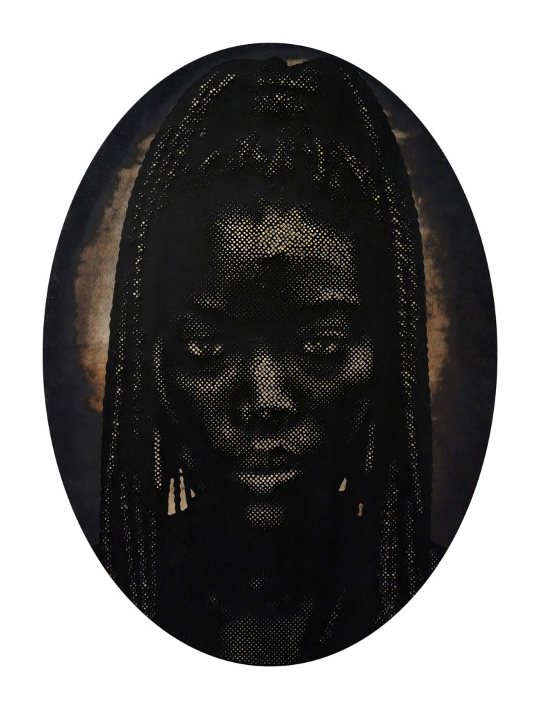 Alexis Peskine, Assiê Fian’ (Burning Ground), 2020. Moon gold leaf, nails, coffee and earth on lumber core wood, 150 x 110cm. Courtesy of the artist & Zidoun-Bossuyt Gallery.