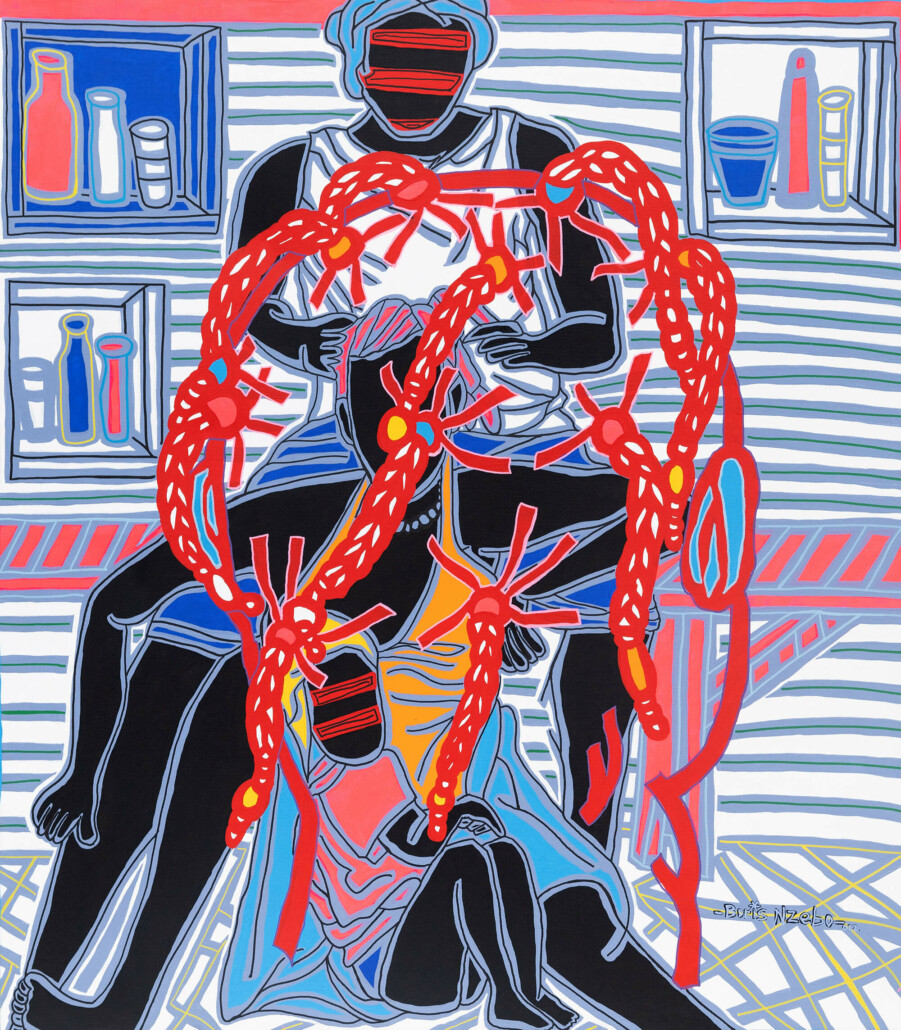 Boris Nzebo, Transmission, 2022. Acrylic and Molotow on canvas.