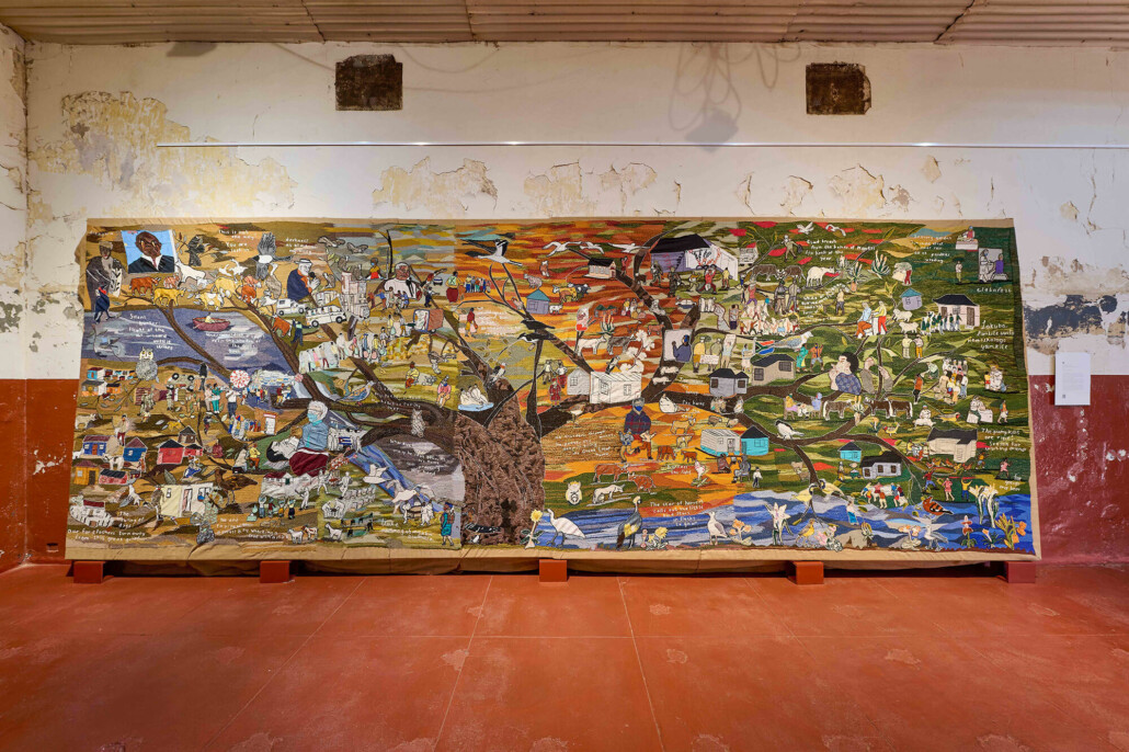 Covid Resilience Tapestry, 2022. Fabric, embroidery, appliqué, 2.5 x 7.5m. Courtesy of Anthea Pokroy/Keiskamma Trust