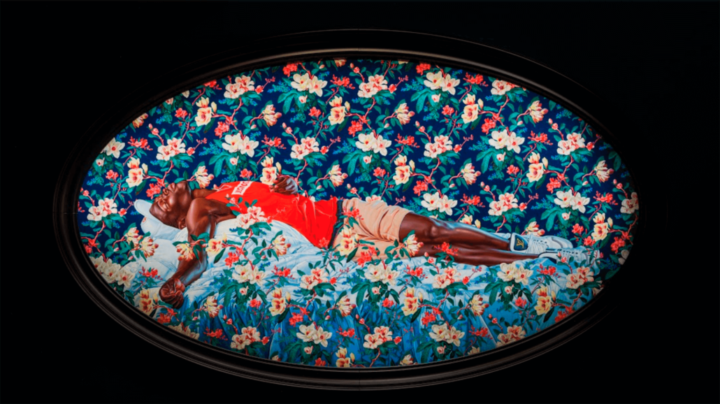 Installation of "Kehinde Wiley: An Archaeology of Silence".  Kehinde Wiley, "Sleep", 2022 oil on canvas 69 15/16 x 107 15/16 in. (177.7 x 274.2 cm) Framed: 70 7/8 x 118 7/8 x 3 15/16 in. (180 x 302 x 10 cm)  ©️ 2022 Kehinde Wiley Courtesy of the artist and Templon, Paris – Brussels – New York. Photo: Ugo Carmeni.