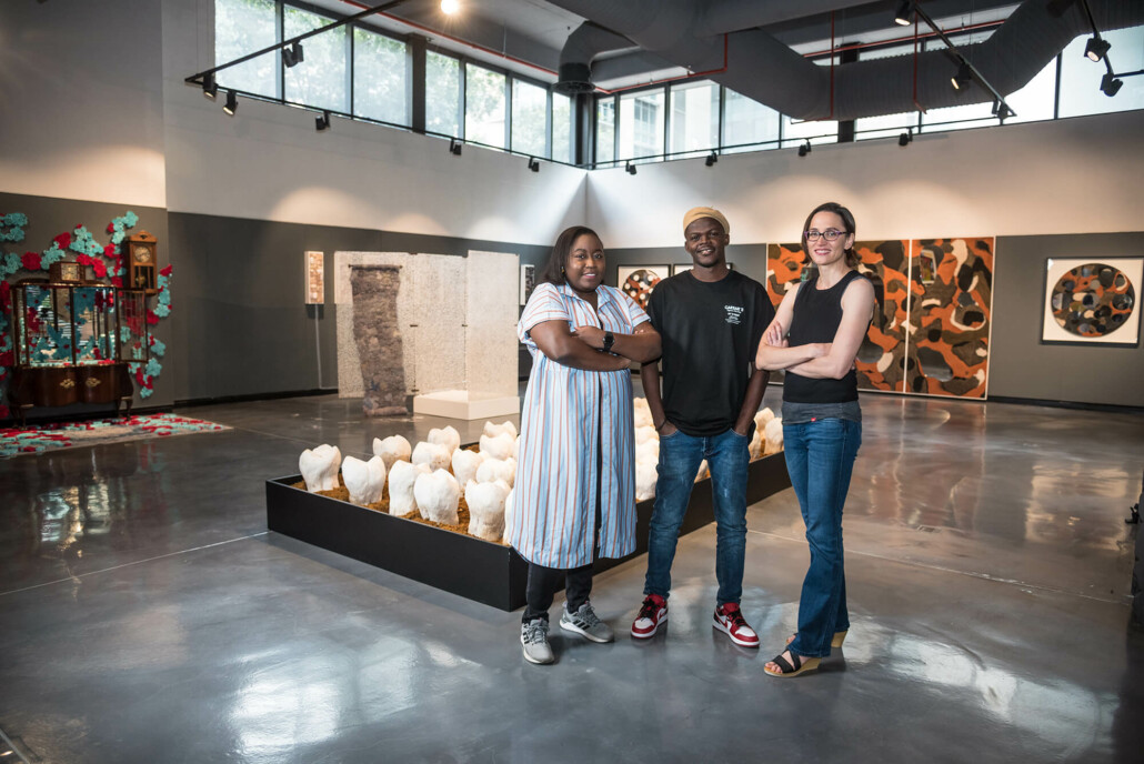 The Absa L’Atelier 2021 Ambassadors at the opening of their collaboration exhibition in the Absa Gallery, from left: Ayobola Kekere-Ekun, Michael Jackson Blebo and Adelheid Frackiewicz.